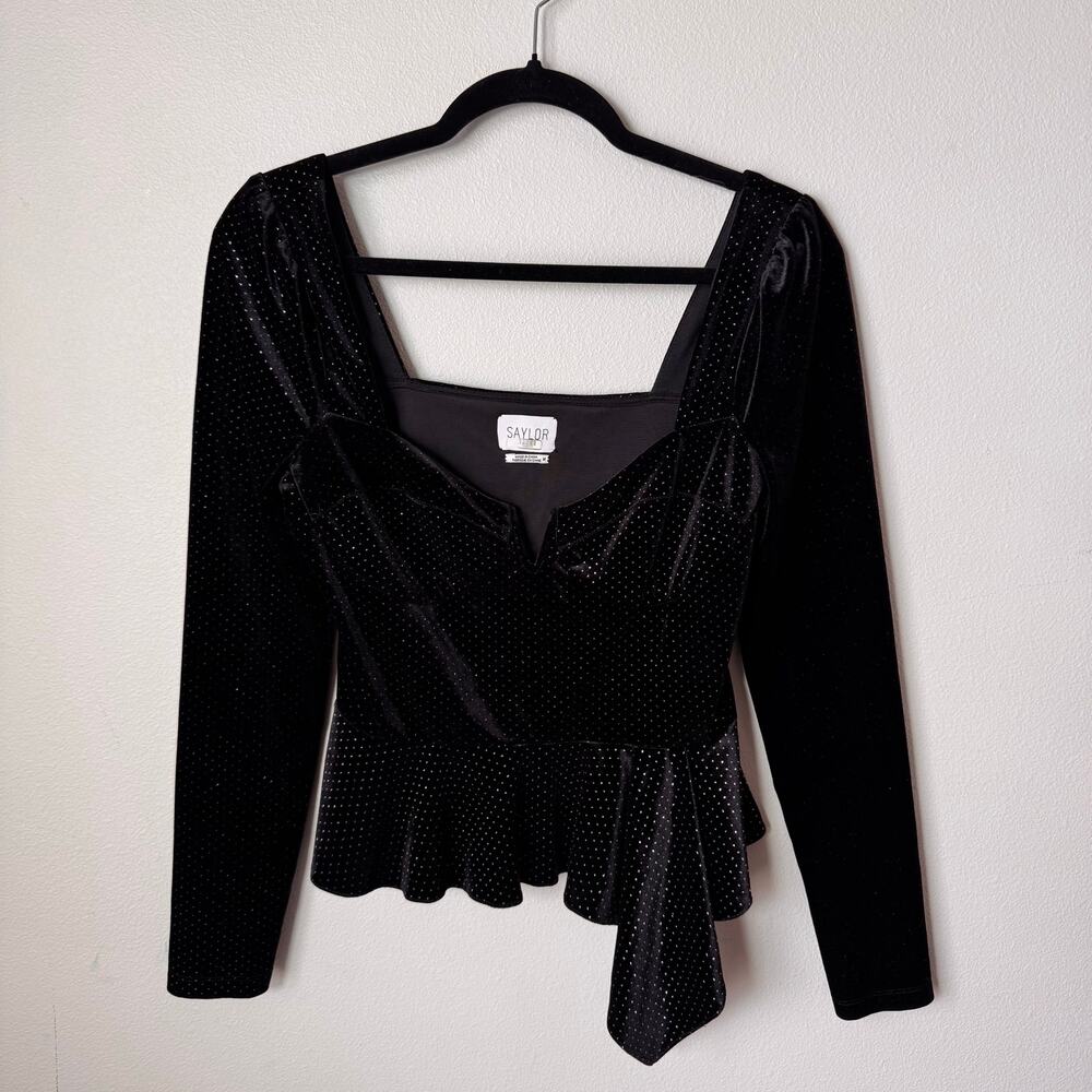 Saylor Elsa Black Velvet Metallic Peplum Top Long Sleeve Party Blouse Sz M - Picture 2 of 11